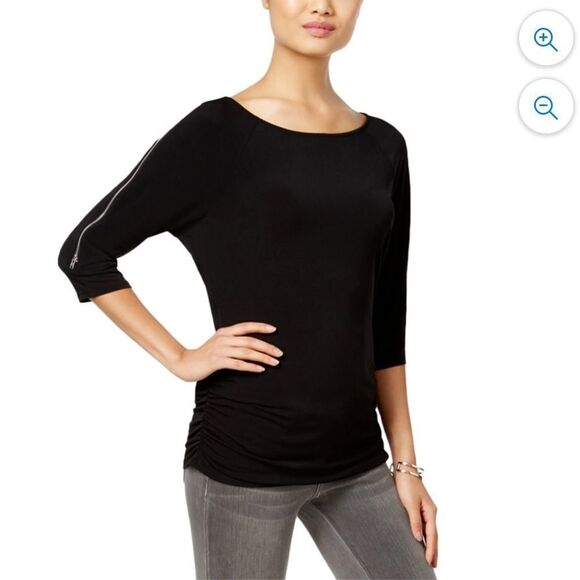 I.N.C. black boatneck 3/4 sleeve polyester spandex top with sleeve zippers sz S - Picture 1 of 8